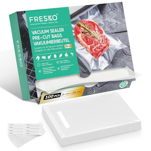 FRESKO Sacs Sous Vide Alimentaire Gaufrés, 15x25 cm 100 Sachets, Commerciaux sans BPA, Conservation, Congélation et Cuisson, adaptés à Toutes les Machine Sous Vide, Réutilisable, Transparent