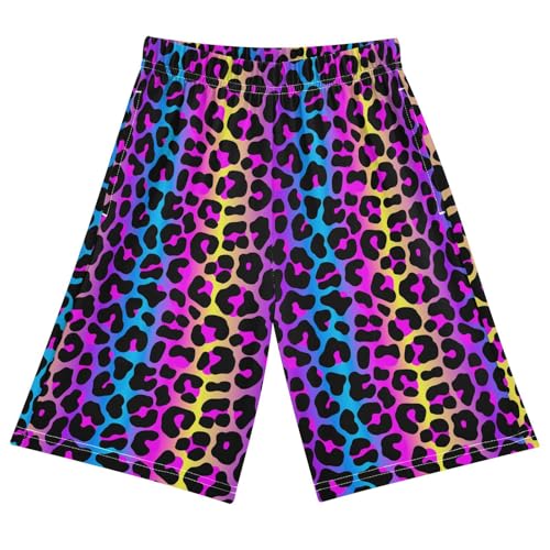Leopard Print Cheetah Neon Gradient Boys Athletic Shorts Kids with Pockets Shorts for boy Girl Size 6-8 Years