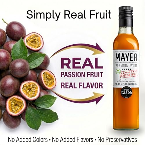 Image of Mayer Passion Fruit Syrup ( Cordial ), Award-Winning, Only Real Passion Fruit and 4 Natural Ingredients, Vegan, Gluten Free, Perfect for Cocktails, Lemonades, Coffee, Desserts - No Added Colors or Flavors, Rich Tropical Flavor ( 1 Pack )