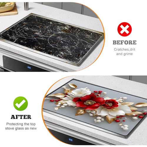 Image of Multi-Design Stove Cover for Glass /Electric Stoves - 3-in-1 Heat-Resistant Protector Mat, Non-Slip Drying Rack 28 inchx20 inch (3D Flowers)