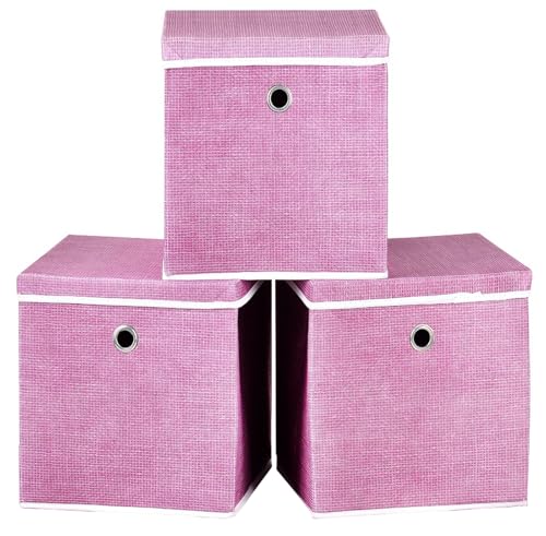 A406 Foldable Storage Cube Boxes Set of 3 Fabric Storage Boxes with Lids, Space Saving Fabric Cube Storage Boxes for Clothes, Toys, Storage Organiser (Pink, 20x20x20cm)