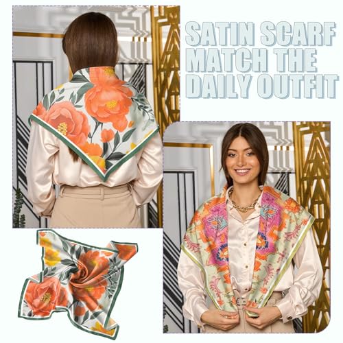 2PCS Scarf Silk Feeling Satin Head Hair Wrap Lightweight Large Square Fashion Cute Aesthetic 27.5 Inches for Women-Orange4