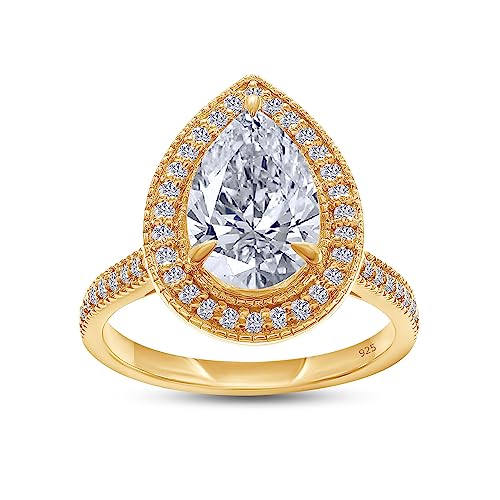 1 1/2 Carat Center 9X6MM Pear & Round Cut Moissanite Diamond Halo Engagement Ring For Women In 14K Gold Over Sterling Silver Promise Bridal Ring (VVS1 Clarity, 1.50 Cttw)