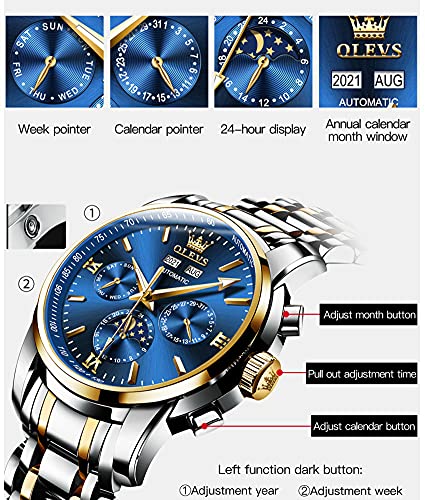 Image of OLEVS Automatic Men Watch Self Winding Mechanical Luxury Dress Moon Phase Stainless Steel Waterproof Luminous Calendar Wrist Watch