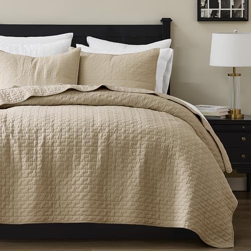 Image of palassio Dark Beige 100% Cotton Quilt King Size Bedding Sets with 2 Pillow Shams, Textured Lightweight Soft Bedspread Shabby Chic Coverlet, Quilted Comforter Bed Cover for All Season, 3 Pieces