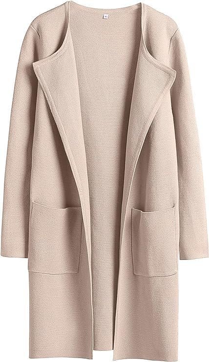Women Open Front Knit Long Cardigan Patch Pocket Long Sleeve Fall Winter Casual Chunky Coatigan Sweater Coat