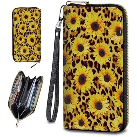 CAPAUNVDA Wristlet Wallets For Women With Card Holder Zipper Pocket,Slim PU Leather Cute women's Wristlet Wallet Clutch For Women Girls,Sunflower Leopard Print Cover