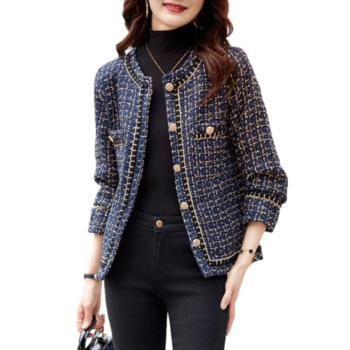 chouyatou Women’s Fall Elegant Business Casual Plaid Tweed Blazer Jacket Open Front Dressy Tweed Suit Top