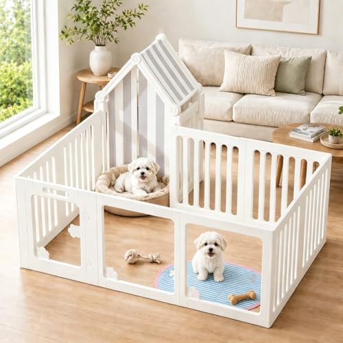 Clear Acrylic Dog Playpen Indoor - Puppy Play Pen with Pet Mat Stable Pet Play Pen for Small Dogs and Cat Easy Assemble & Cleaning Dog Fence (24 Inch 10 Panels White)