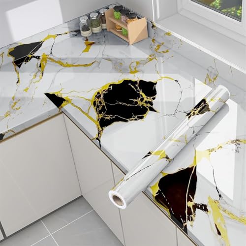 Image of Self Adhesive Marble Wallpaper Kitchen Oil Proof & Waterproof Wallpaper for Cabinet Makeover, Almirah, Plastic & Tabletop, Wardrobe (60x200cm) (New White Black Gold)
