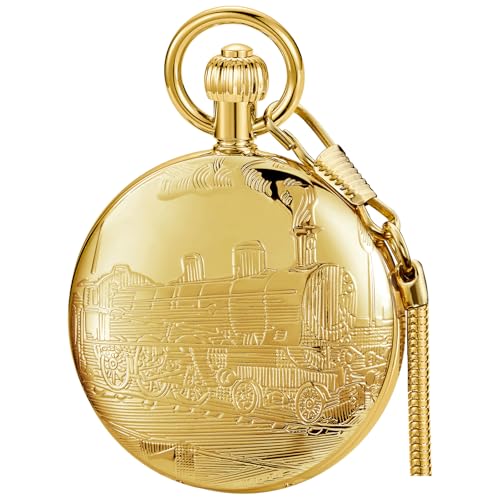 Image of Copper Pocket Watch Train Railroad Steampunk Mechanical London Hand Wind Double Case Mens Watches with Chains & Boxs Christmas Graduation Birthday Gifts Fathers Day(Gold)