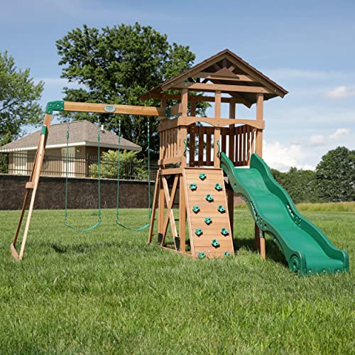 Backyard Discovery Lightning Ridge Cedar Wood Swing Set with Wave Slide, Play Deck, Rock Wall, Sandbox, Belt Swings, Toy Telescope, Steering Wheel, Step Ladder, Outdoor Playset - image 2