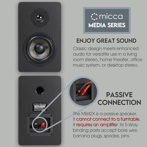 Image of Micca MB42X Advanced Passive Bookshelf Speaker Pair for Stereo /Home Theater | 4-inch carbon-fiber woofer, silk-dome tweeter and 18dB crossover provide open, balanced dynamics with low-distortion bass.
