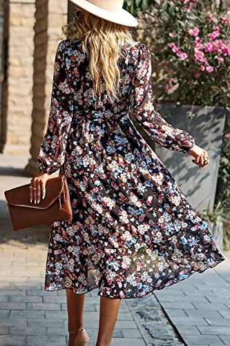 Image of PRETTYGARDEN Women's Floral Boho Dress Fall Long Sleeve Wrap V Neck Ruffle Flowy Maxi Spring Wedding Guest Vacation Dresses