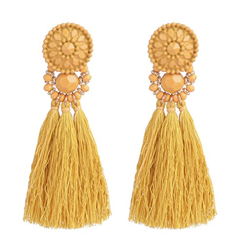 D EXCEED Womens Fashion Statement Thread Tassel Earrings Bohemian Handmade Facet Bead Chandelier Earrings Tassel Dangle Drop Earrings Yellow