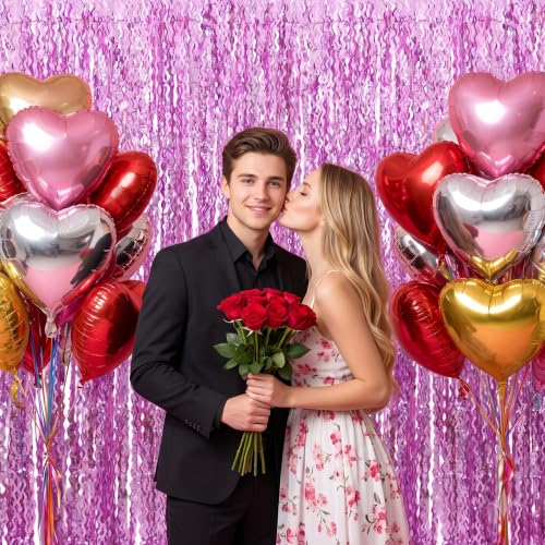 Image of TONIFUL 2Pcs Wavy Pink Metallic Tinsel Foil Fringe Curtain Laser Streamers