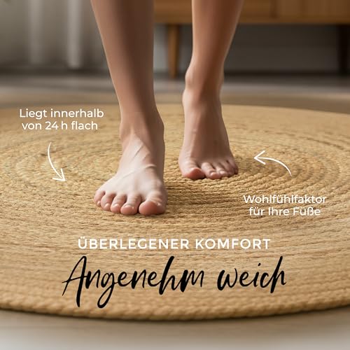 carpetfine Juteteppich Nele Beige handgewebt aus Jute Ø 60 cm | Kleiner Naturfaserteppich Rund im Boho Style für Wohnzimmer, Küche und im Flur