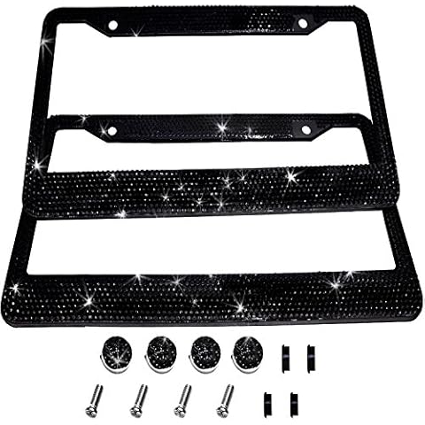 Bling Bling License Plate Frames 2 Pack -8 Row Pure Handmade Waterproof Glitter Rhinestones Crystal License Frames Plate for Cars with 2 Holes Bonus Matching Screws Caps Set Black Cover