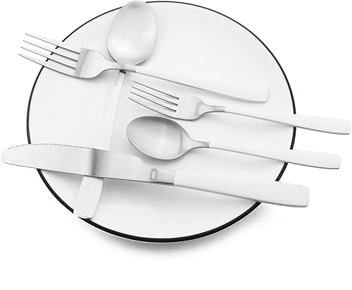 Vista 52 de JASHII Juego de cubiertos de plata mate de 40 piezas, juego de cubiertos de plata satinada, acero inoxidable con revestimiento de tianio, juego