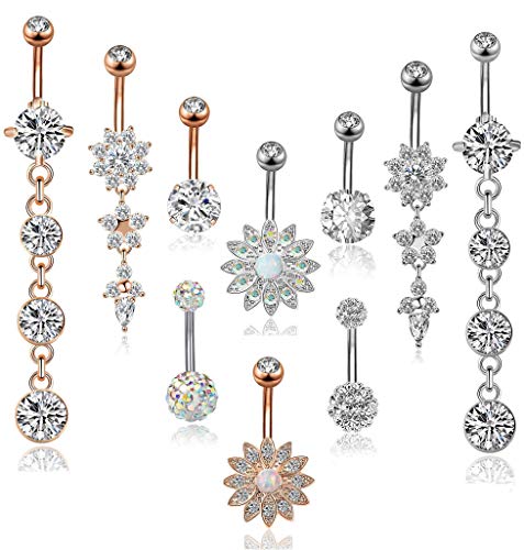 FIBO STEEL 10 Pcs 14G Stainless Steel Dangle Belly Button Rings Navel Barbell