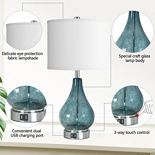 Qimh Glass Table Lamp For Living Room Bedroom Set Of 2, 22.5" Led Light With Touch Control, Blue 3 Way Dimmable Modern Bedside Lamps For Home Decor With White Fabric Shade #TOP2