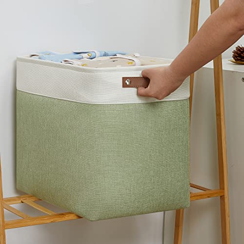 Image of DULLEMELO Large Storage Basket 17 inchx12 inchx15 inch, Fabric Storage Organizer Basket for Storage Clothes, Large Fabric Bin for Organizing Book, Storage Bin with Handles for Storage Toy (White&Green)