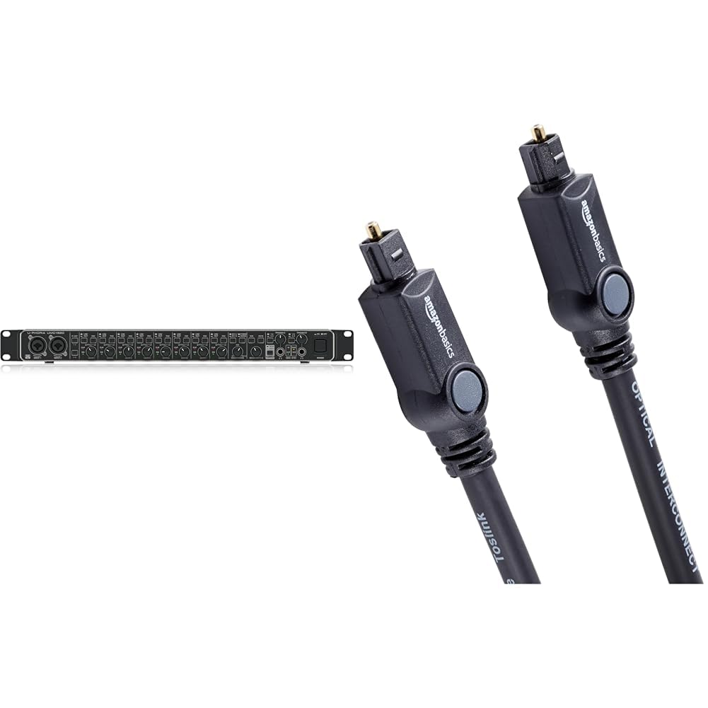 Behringer UMC1820 Interfaz de audio/MIDI USB Audiophile 18x20, 24 bits/96 kHz con preamplificadores & Amazon Basics - Cable óptico de audio digital Toslink (1 m), para Televisión, Negro