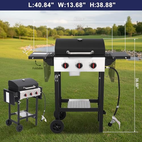 3-Burner Propane Gas Grill with Cast Iron Grate, 30,000 BTU Output & 252 Sq. Inch Cooking Space, Easy-Clean System & Foldable Side Tables for Outdoor BBQ (3-Burner) - Image 3