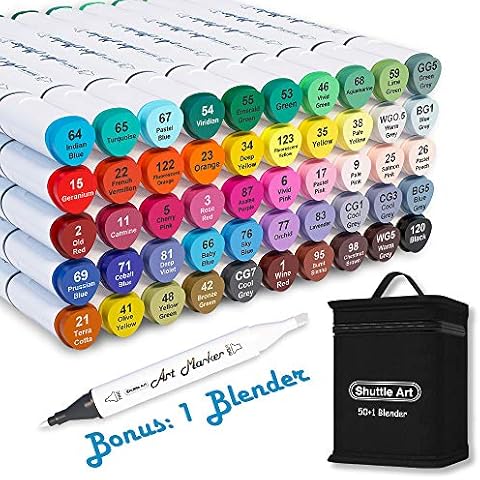 50 Colours Art Pens, Shuttle Art Dual Tip Alcohol Based Art Markers Plus 1 Blender Permanent Marker Pens for Kids and Adult, Ideal Graphic Markers for Colouring, Drawing, Sketching and Cards Making Cover