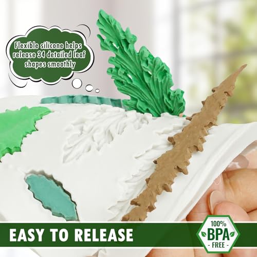 Image of HKNMTT Leaf Fondant Silicone Mold Small Maple Shapes, 34 Cavity Tree Fern Leaves Rose Flower for Cake Cupcake Topper Craft Decorating Sugar Candy Clay Plant Moulds DIY BPA Free
