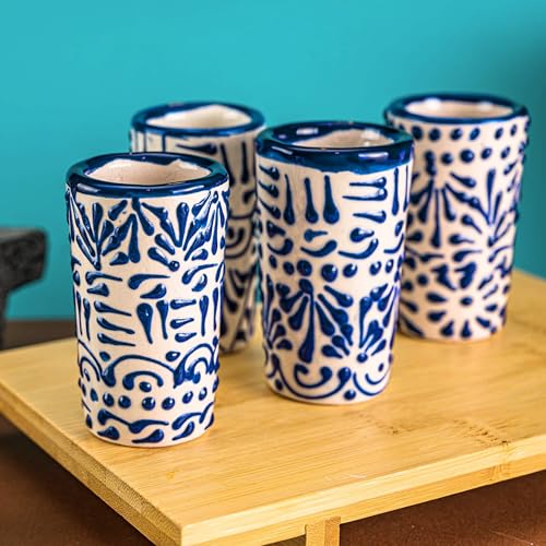 Image of Mexican Shot Glasses Set of 4 - Hand Painted Talavera Tequila Glasses 2oz - Authentic Ceramic Colorful Drinking Cups Blue Lace