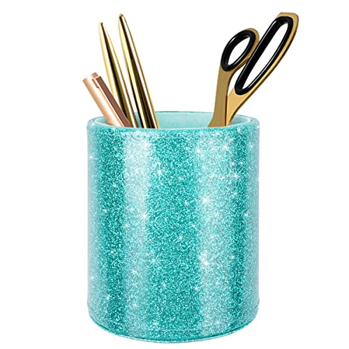 Image of Glitter Pen Holder Pencil Organizer, Cute Pencil Cup Desk Decor, Decorative Makeup Brush Holder Large, Leather Multi-Functional Organizer Cup for Office, Home, Classroom, Blue+Green