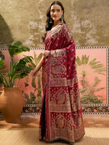 Image of Satrani Women's Crepe Foil Printed Weaving Banarasi Saree with Unstitched Blouse Piece