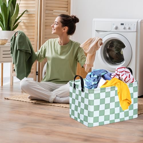 Image of MAIZMZ Sage Checkered Storage Basket Baby Toys Organizer Bins Decorative Gifts Bakset Waterproof Nursery Hamper Women Storage Cube Kids Laundry Basket for Home /Dorm /Kitchen /Pet /Office /Closet /Shelf /