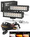 NAOEVO 6 inch 3 Modes (White/Amber/White&Amber) Spot Flood LED Light Bar and Dual Relay 2 Leads Wiring Harness Combo