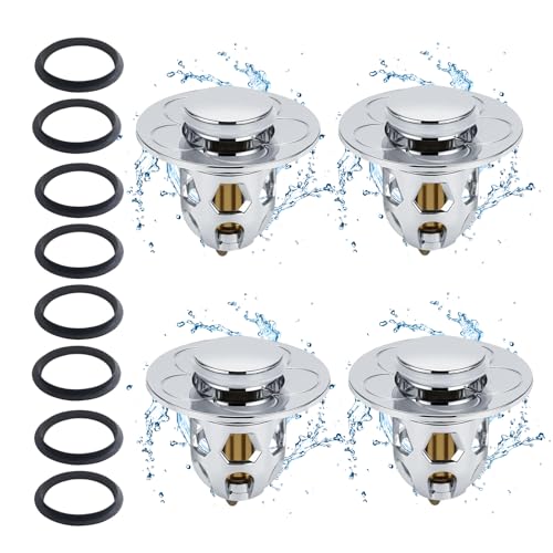 4 tapones para lavabo Pop Up + 8 anillos de estanqueidad universales, núcleo de rebote, fácil instalación para cocina, baño, bañera, fregadero