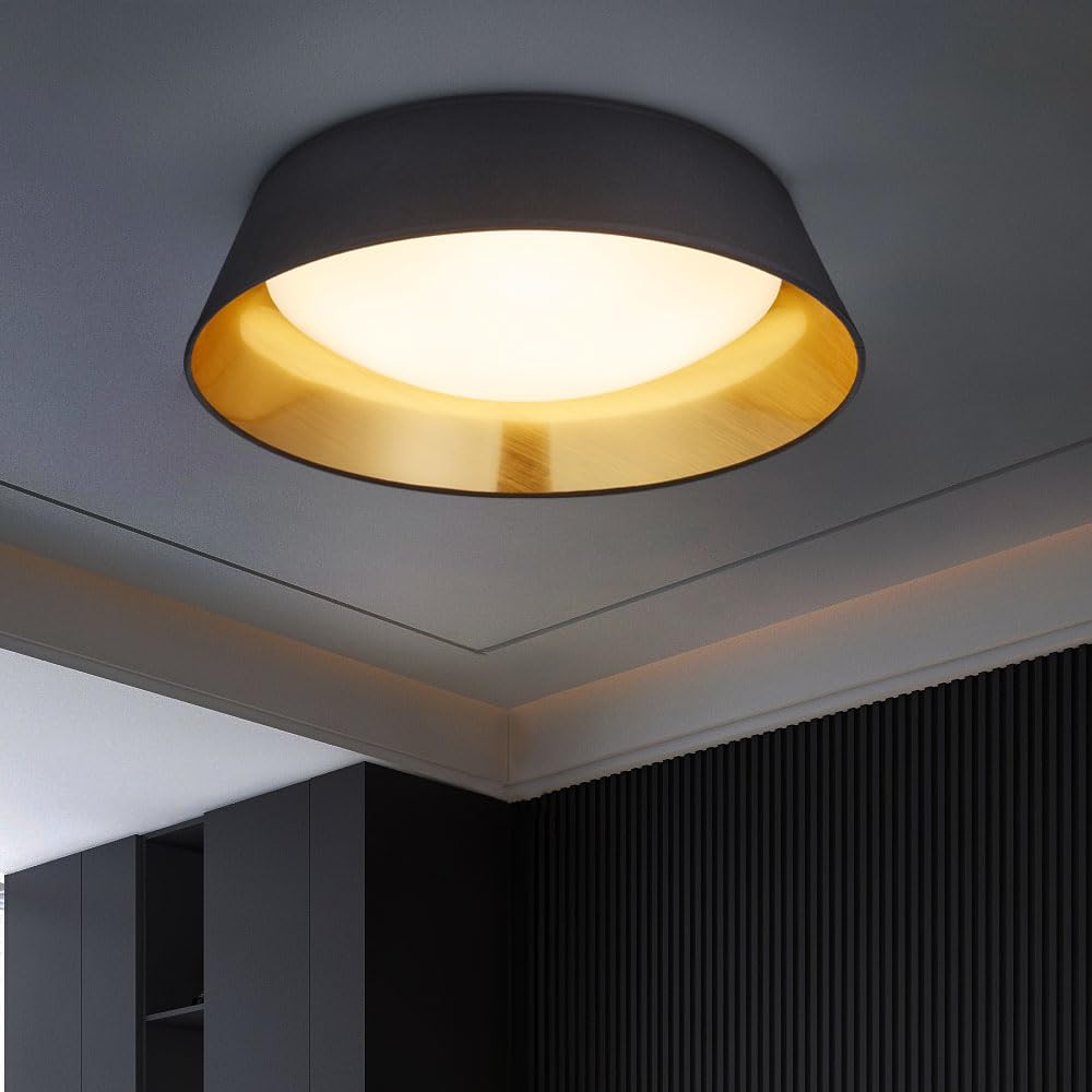 Reality Leuchten LED Deckenleuchte Ponts R62871879, Acryl weiß, Stoffschirm schwarz/goldfarbig, inkl. 18 Watt LED, Durchmesser 35,5cm