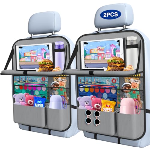 Image of 2PACK-Car Backseat Organizer with Touch Screen Tablet Holder,9 Storage Pockets Storage Organizer with Foldable Food Tray, Protector Kick Mats for Kids, Travel Accessories Organizer (Grey)