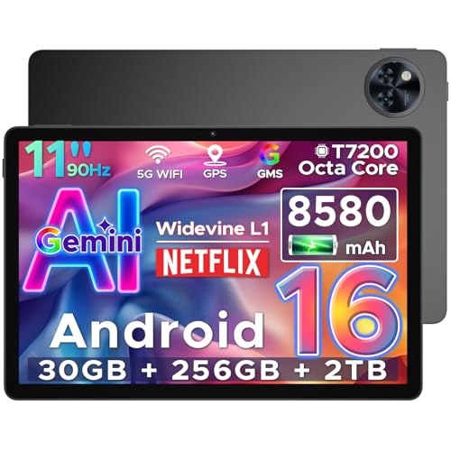 U11 Pro Android 16 AI Tablet 30GB RAM+256GB ROM/ 2TB TF 11 Inch 90Hz Android Tablets & Unisoc T7200 Octa Core 8580mAh Battery Widevine L1|Gemini AI|5G WiFi| 3.5mm Jack|13MP+5MP|GMS|GPS|OTG BLACK