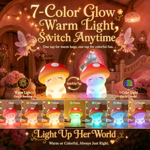 Image of FAMIDUO Mushroom Night Light for Kids, Silicone Squishy RGB Nursery Lamp | 2-Brightness & Breathing 7-Color Rainbow, Anti-Blue Eye-Caring, BPA-Free Silicone Mood Light , Cute Gifts for Baby Toddler