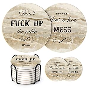 LIFVER Funny Coasters for Drinks with Holder, Set of 8 Marble Style Absorbent Drink Coasters with Cork Base, House…