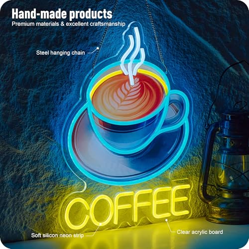 Image of Coffee Neon Sign for Business, USB Powered Dimmable Bright Signs for Coffee Shop Bar Station (16.5 X 12.6 in)