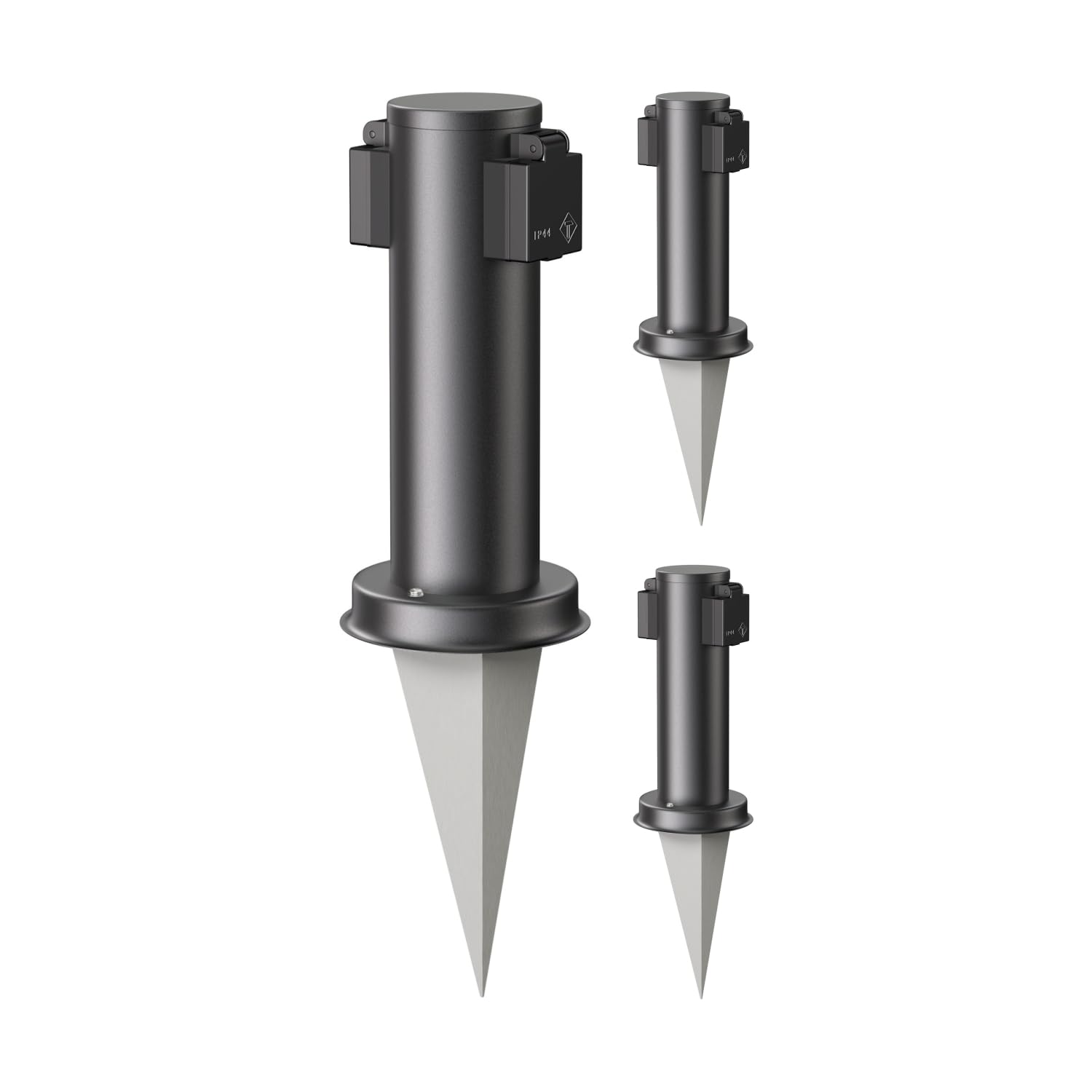 ledscom.de 3 Stück Garten-Steckdosen-Säule PORU mit Erdspieß für außen, 2-Fach, Edelstahl, schwarz, rund, 27cm