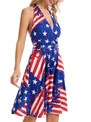 Image of Women's Festival Dress- Halter V Neck Sleeveless Ruffle Mini Dresses with Pocket