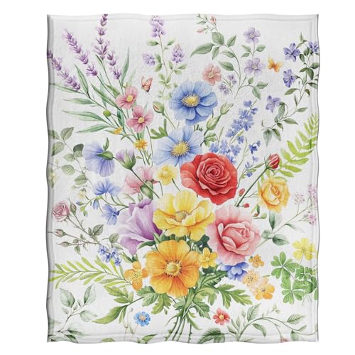 Jekeno Colorful Flowers Floral Blanket Birthday Christmas for Women Kids Girls Mom Wife Bedroom Spring Red Blue Yellow Flowers Green Leaves Decor Mother's Day Throw Blanket 50"x60"