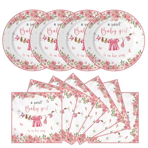 Kilyparty 40pcs Greenery Gender Reveal Baby Shower Supplies Party Boho Greency Party Decorations Tableware Set Dessert Plates Napkins for 20 Guests (Pink)