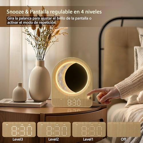 Miniatura 7 de Blonbar Despertador Y Lámpara De Luna Combinados, 2 Despertadores,3 Niveles De Brillo, Lámpara De Noche Con Luz Diurna, 10 Sonidos Naturales, Luz Nocturna Regulable, Ideal Para