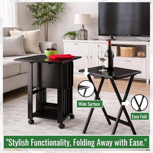 Image of Sophia 5-Piece Snack Tray Table Set Compact Design with Built-in Handles for Small Spaces Foldable Sturdy and Versatile Wooden Surface 23.39 D X 28.19 W X 33.94 H, Coffee Finish