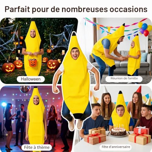 Mowpiny Déguisement Banane Adulte Unisexe, Costume Banane Adulte Taille Unique 150-170 cm, Deguisement Fruit Drôle pour Carnaval Halloween Soirée Thème EVJF EVG Homme Femme – vue 3