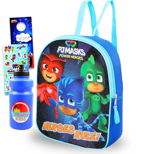 Disney PJ Masks Mini Backpack for Boys - Bundle with 11 Mini School Bag for Toddlers Plus Stickers Water Bottle More | PJ Masks Small Backpack for Kids Girls